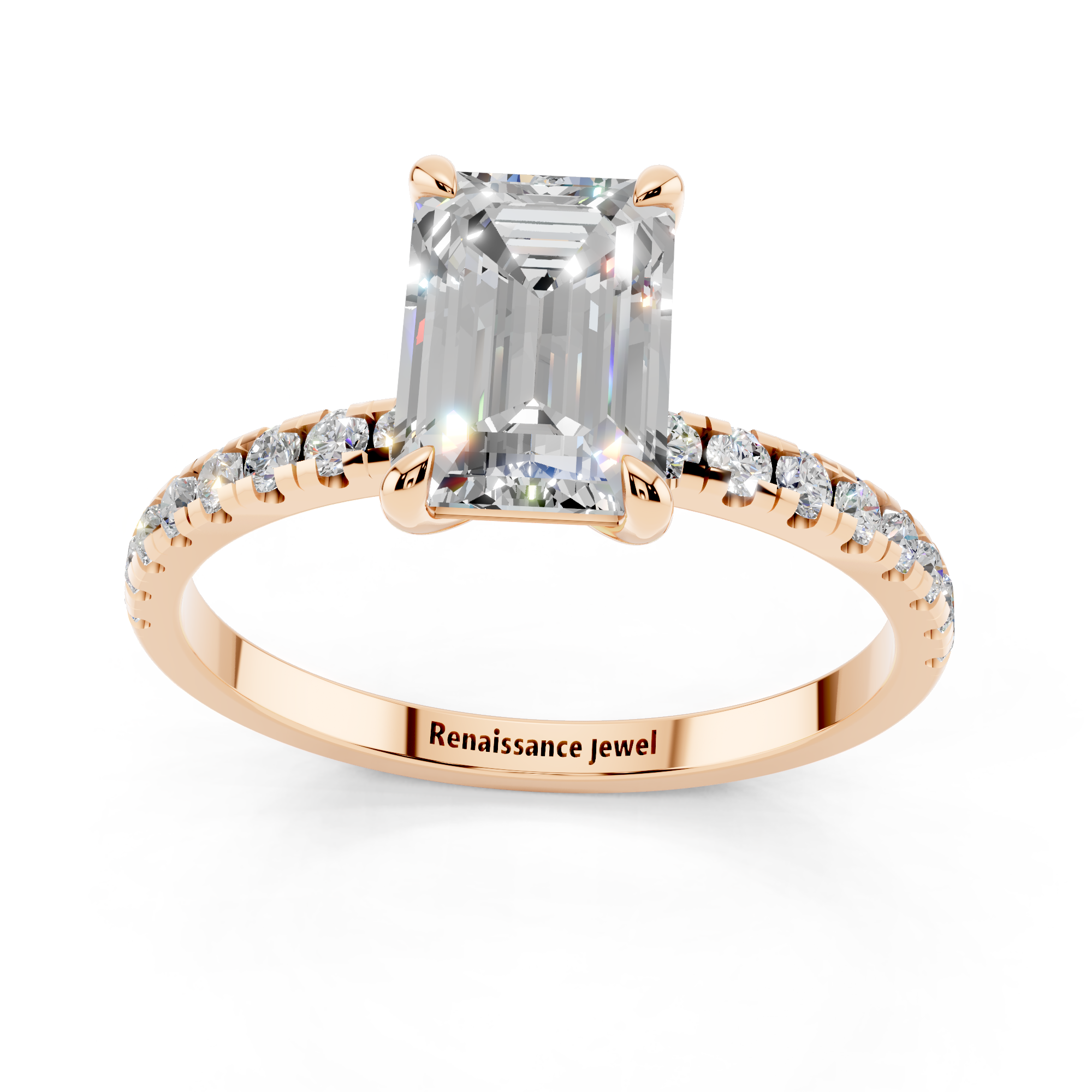 Rose gold Emerald Brilliant Solitaire with Pavé Band and Four-Prong Setting_22