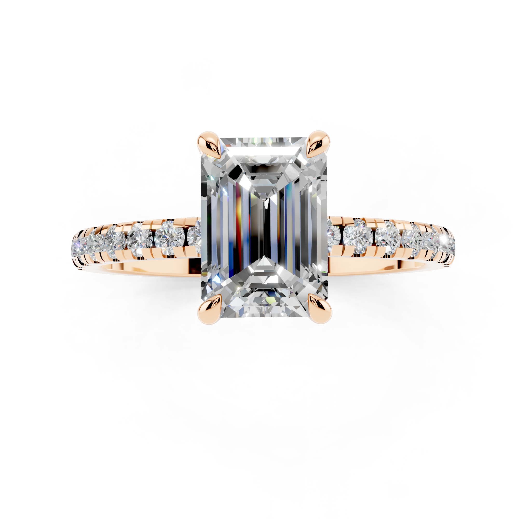 Rose gold Emerald Brilliant Solitaire with Pavé Band and Four-Prong Setting_23