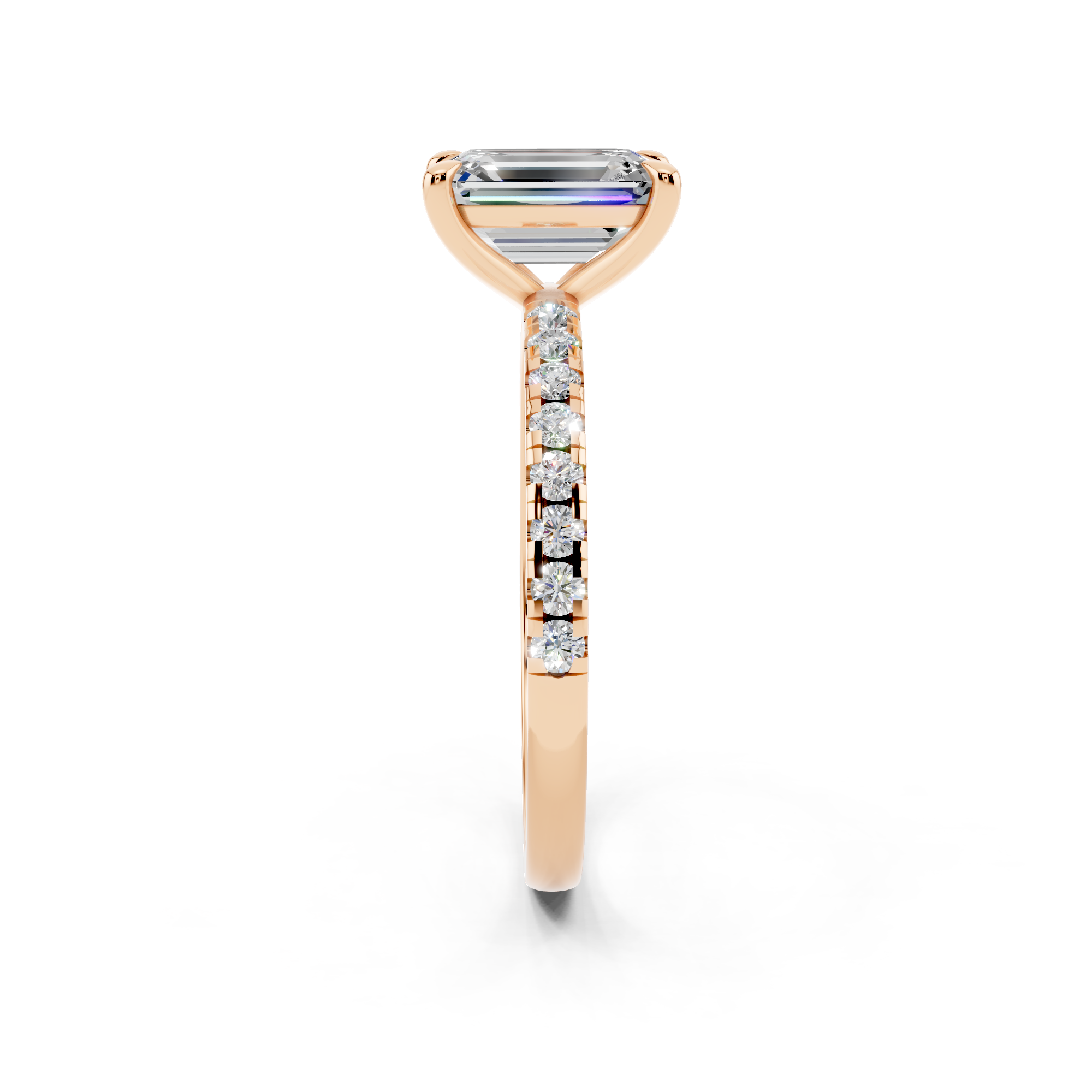 Rose gold Emerald Brilliant Solitaire with Pavé Band and Four-Prong Setting_25