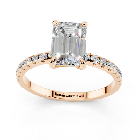 Rose gold Emerald Brilliant Solitaire with Pavé Band and Four-Prong Setting_5