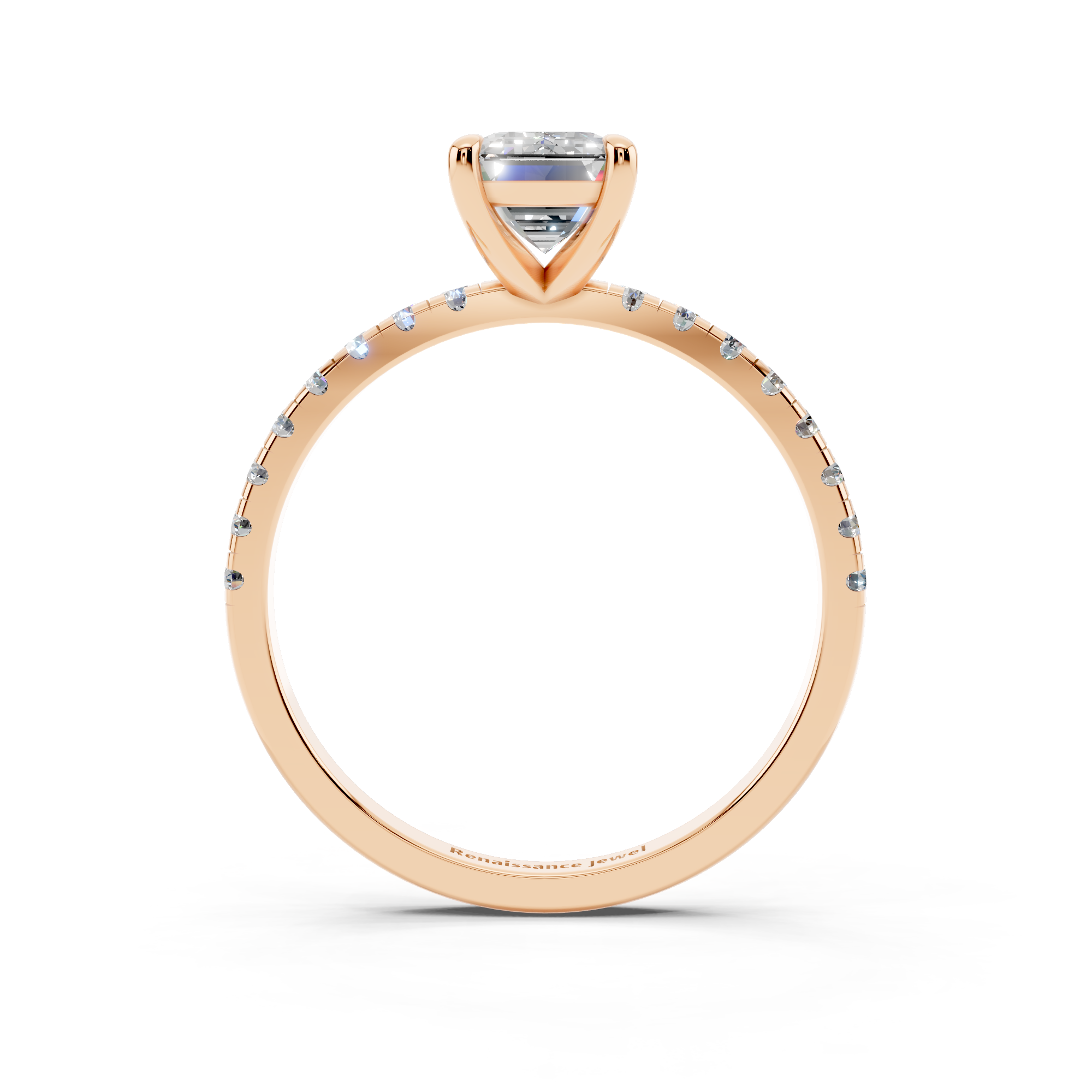Rose gold Emerald Brilliant Solitaire with Pavé Band and Four-Prong Setting_76