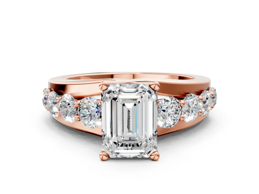 Rose gold Emerald Brilliant Solitaire with Side Stones on a Pave Band and Four-Prong Setting_24