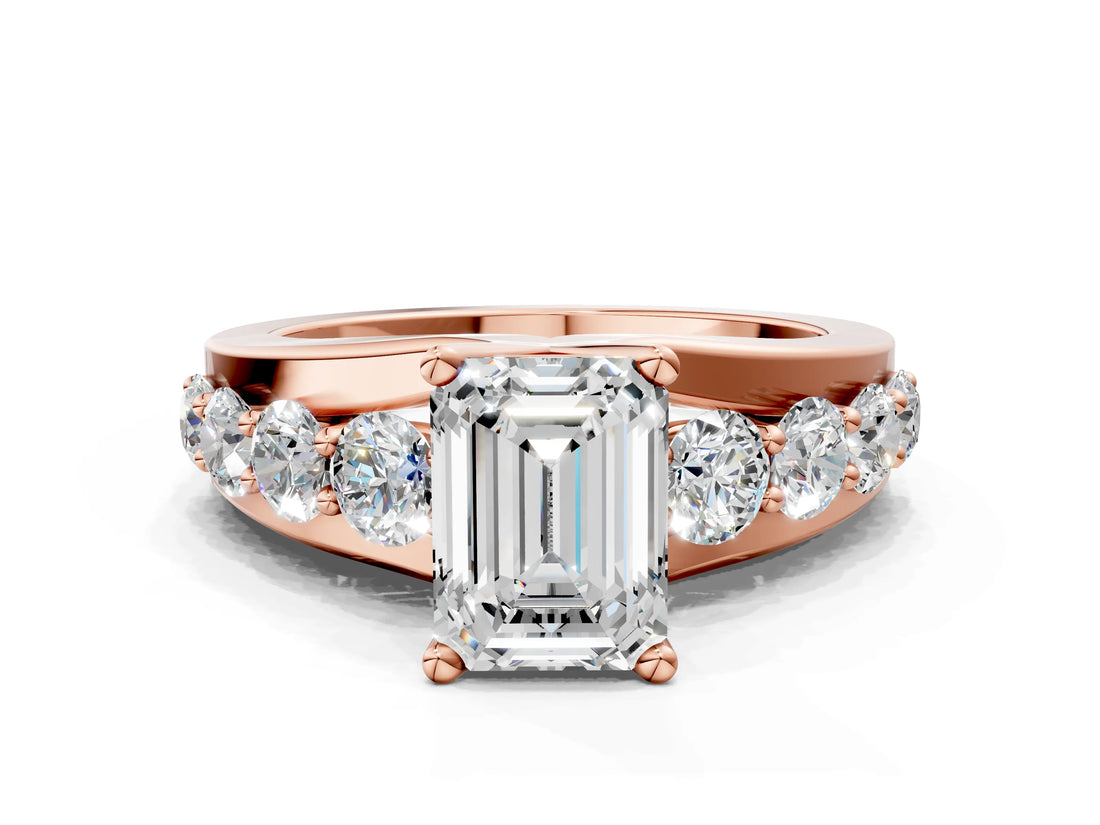 Rose gold Emerald Brilliant Solitaire with Side Stones on a Pave Band and Four-Prong Setting_44