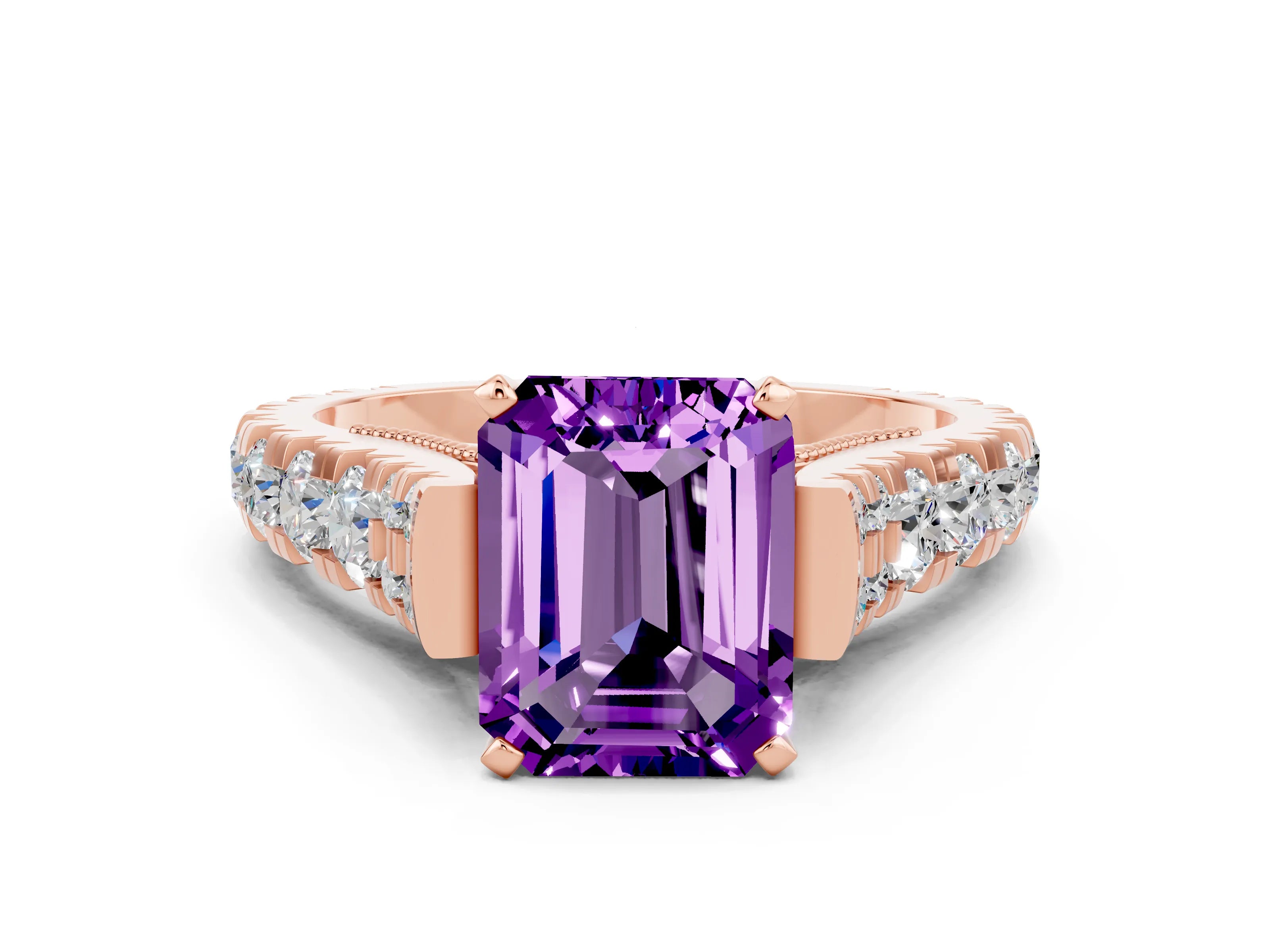 Rose gold Emerald Cut Amethyst Classic Solitaire Ring with Pavé Band and Four-Prong Setting