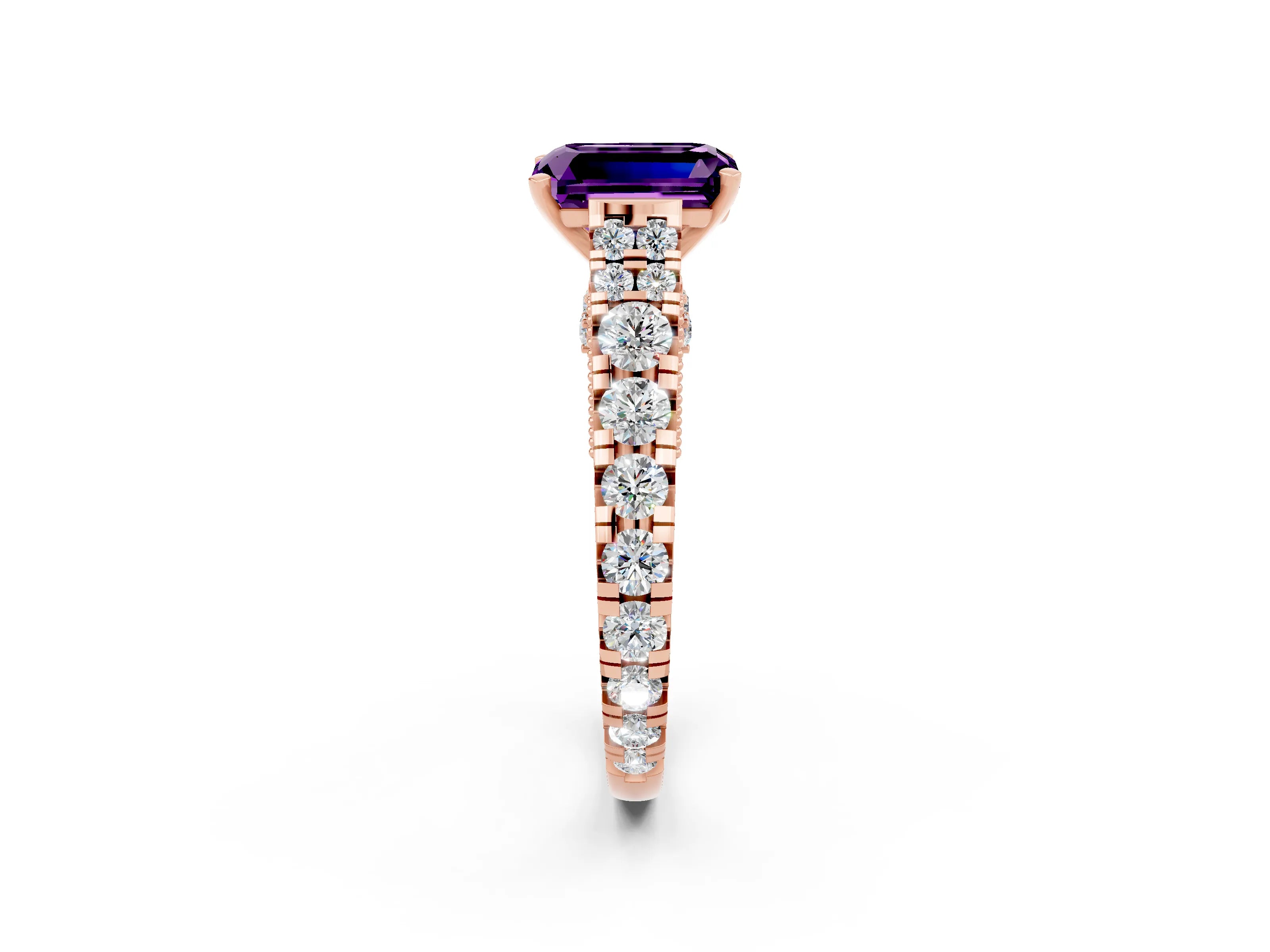 Rose gold Emerald Cut Amethyst Classic Solitaire Ring with Pavé Band and Four-Prong Setting_2