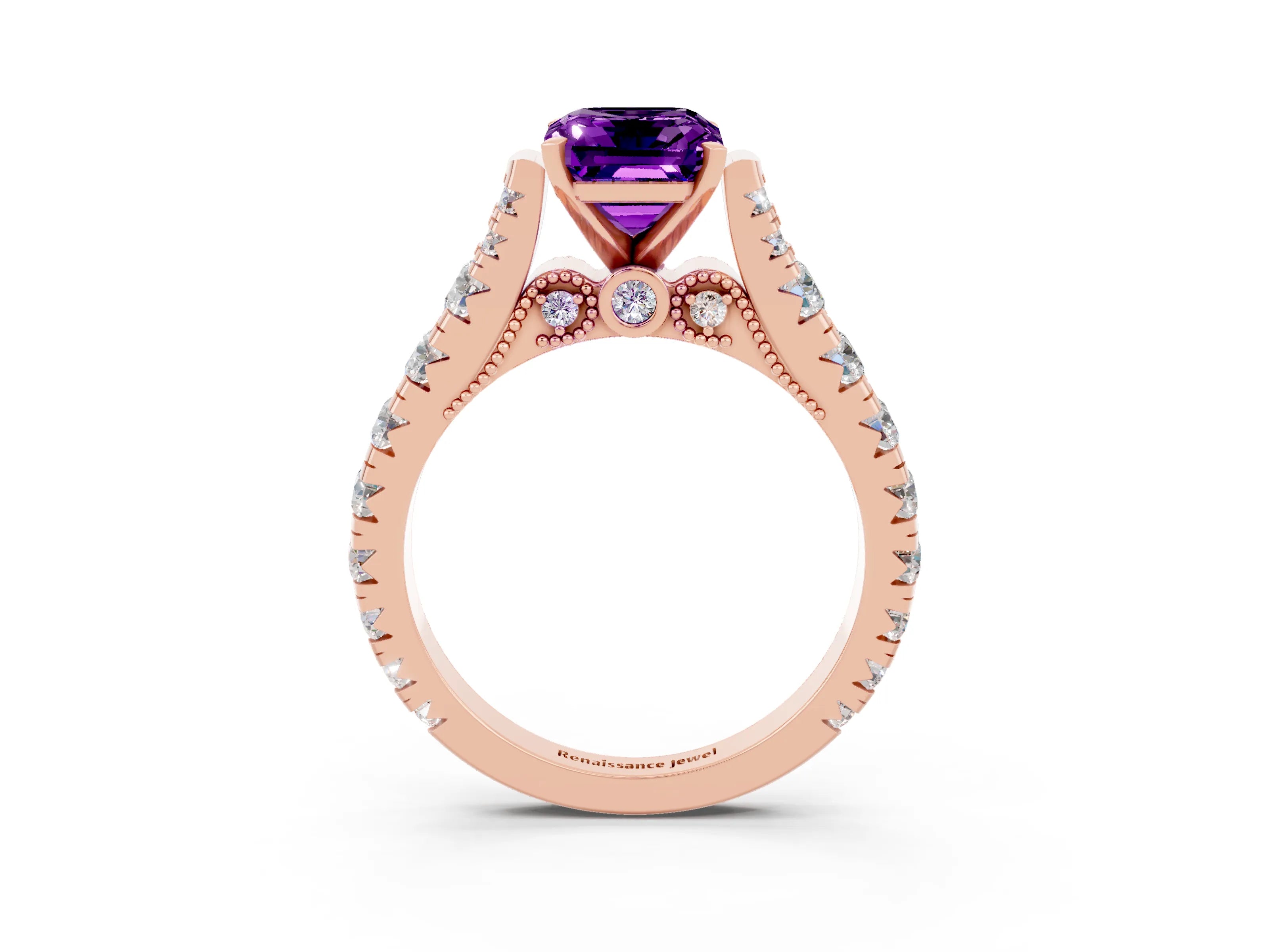 Rose gold Emerald Cut Amethyst Classic Solitaire Ring with Pavé Band and Four-Prong Setting_3