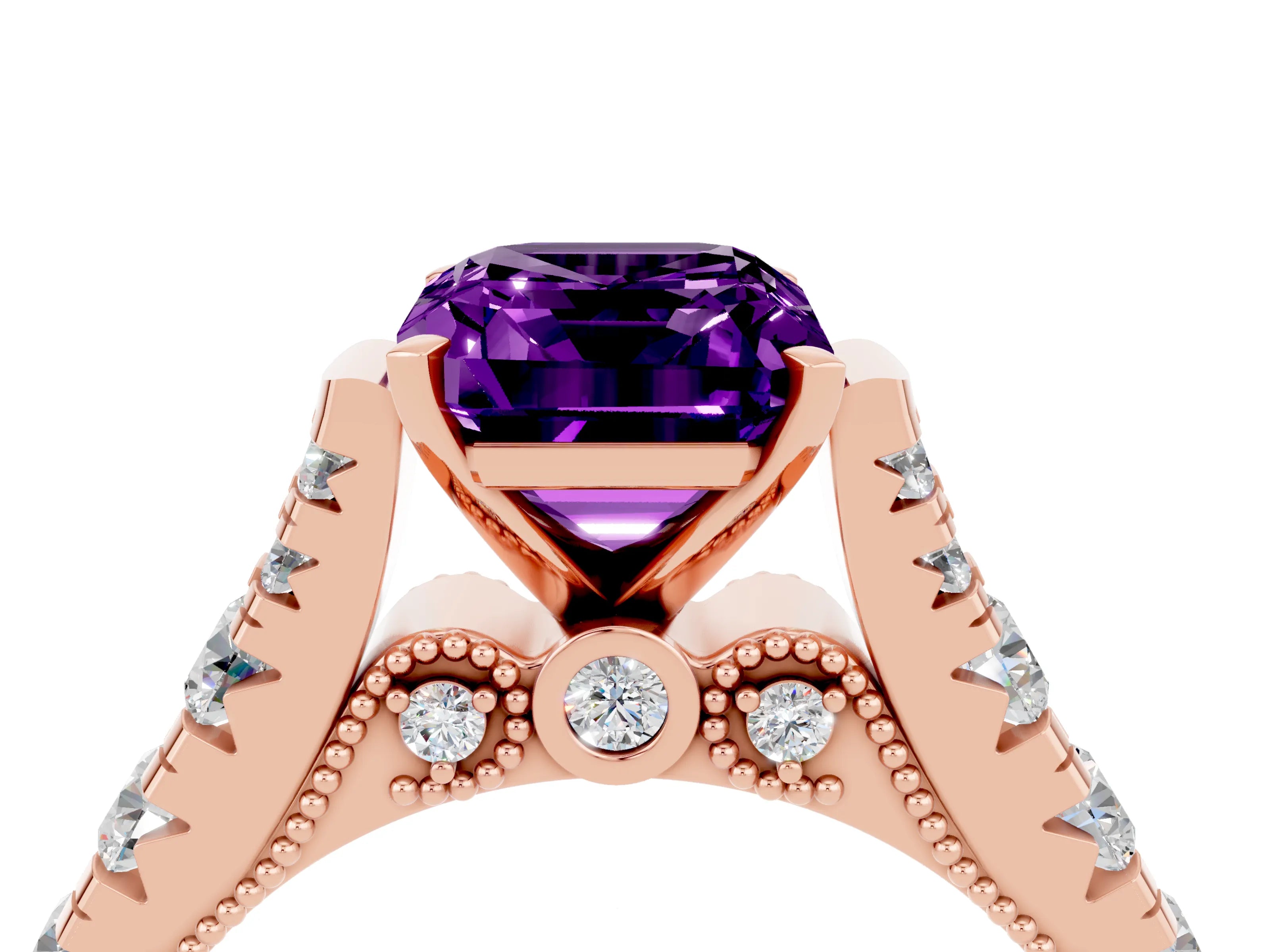 Rose gold Emerald Cut Amethyst Classic Solitaire Ring with Pavé Band and Four-Prong Setting_4
