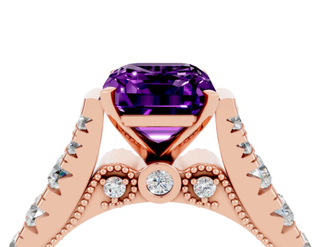 Rose gold Emerald Cut Amethyst Classic Solitaire Ring with Pavé Band and Four-Prong Setting_4