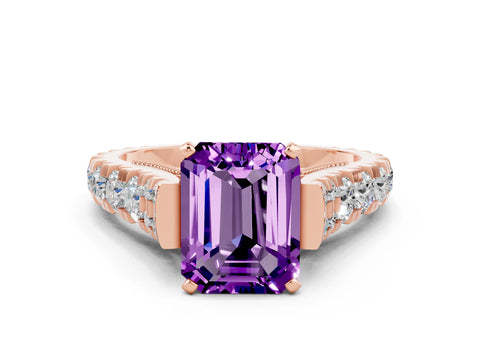 Rose gold Emerald Cut Amethyst Classic Solitaire Ring with Pavé Band and Four-Prong Setting