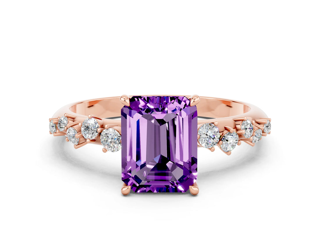 Rose gold Emerald Cut Amethyst Cluster Side Stone Solitaire Ring with Prong Setting_24
