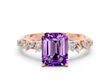 Rose gold Emerald Cut Amethyst Cluster Side Stone Solitaire Ring with Prong Setting_24