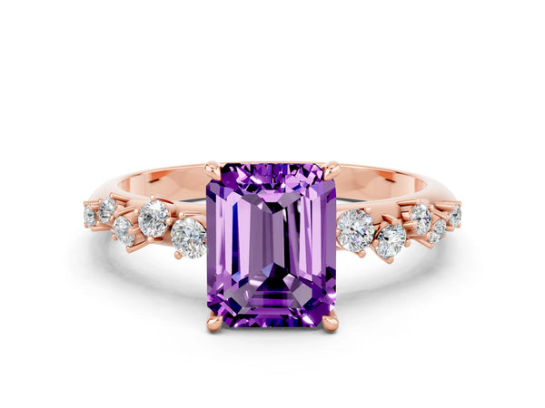 Rose gold Emerald Cut Amethyst Cluster Side Stone Solitaire Ring with Prong Setting