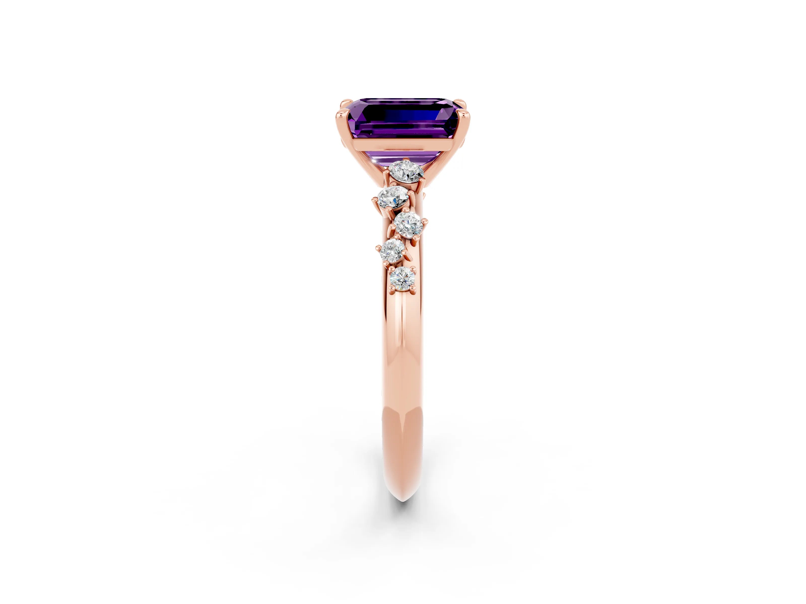 Rose gold Emerald Cut Amethyst Cluster Side Stone Solitaire Ring with Prong Setting_26