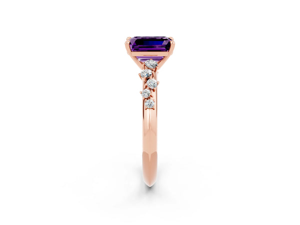 Rose gold Emerald Cut Amethyst Cluster Side Stone Solitaire Ring with Prong Setting