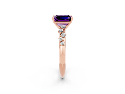 Rose gold Emerald Cut Amethyst Cluster Side Stone Solitaire Ring with Prong Setting_26