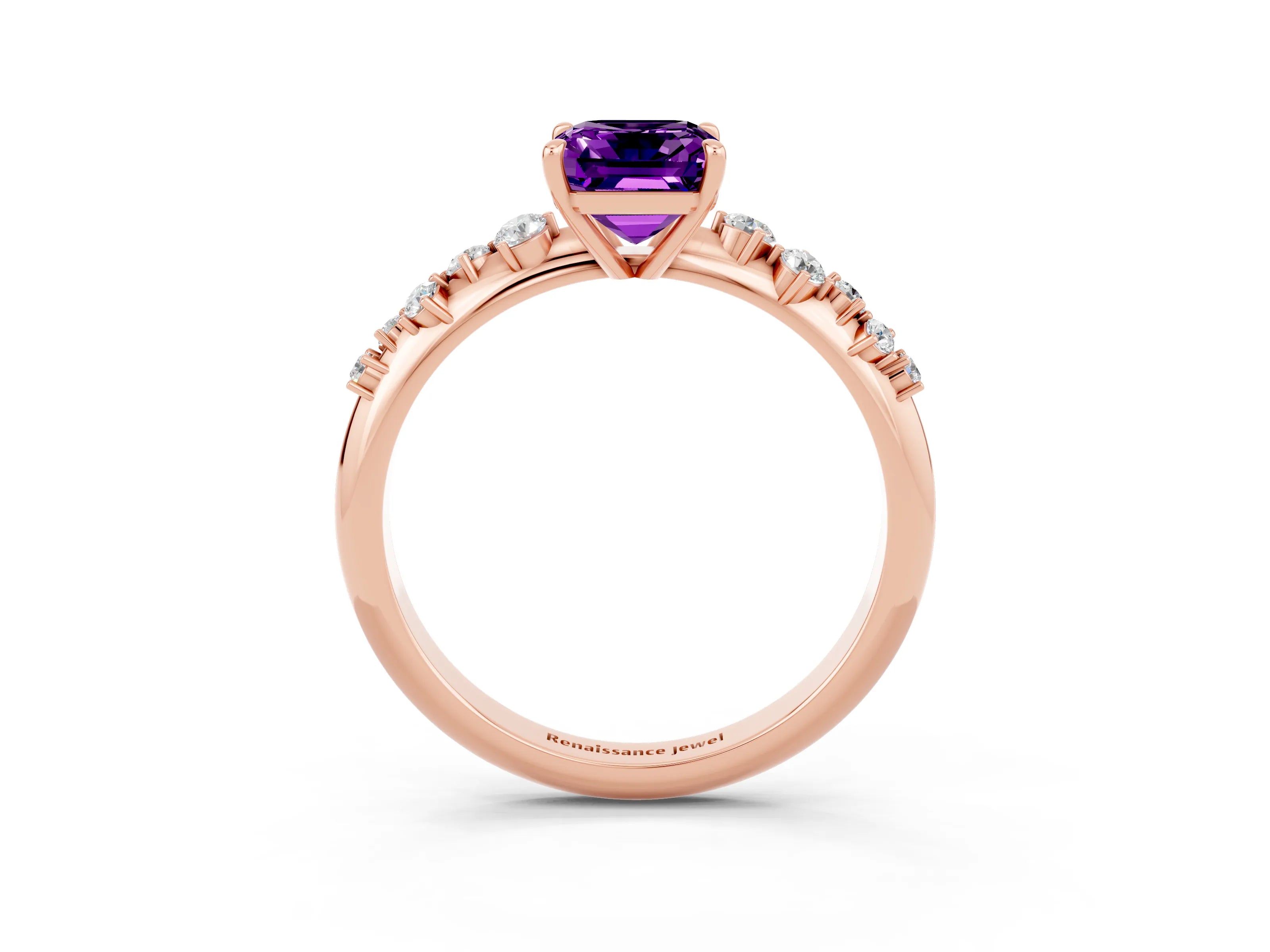 Rose gold Emerald Cut Amethyst Cluster Side Stone Solitaire Ring with Prong Setting_27