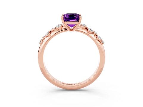 Rose gold Emerald Cut Amethyst Cluster Side Stone Solitaire Ring with Prong Setting_27