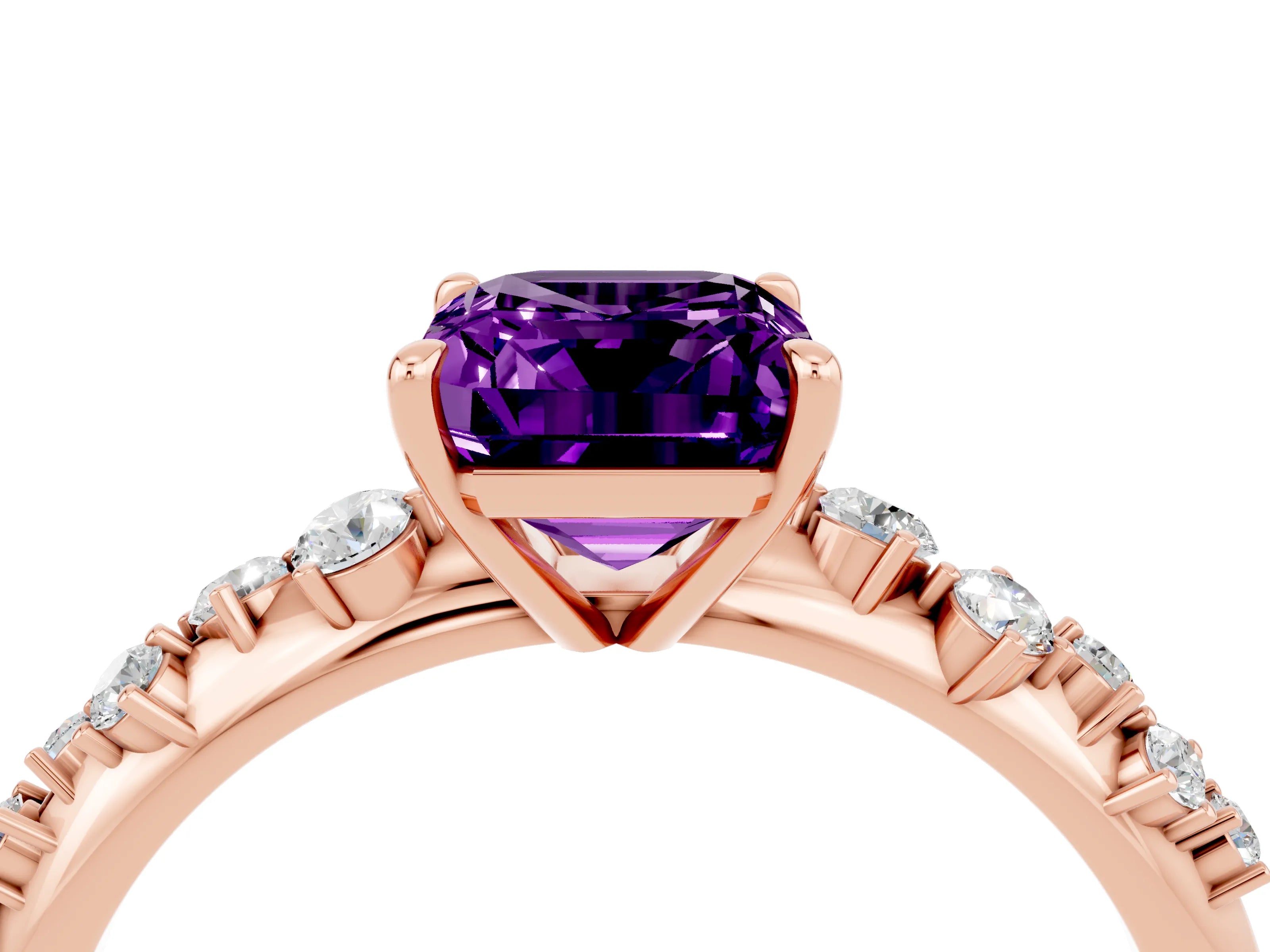 Rose gold Emerald Cut Amethyst Cluster Side Stone Solitaire Ring with Prong Setting_28