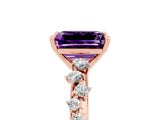 Rose gold Emerald Cut Amethyst Cluster Side Stone Solitaire Ring with Prong Setting_29