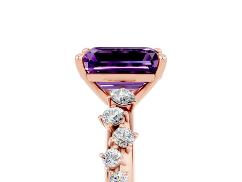 Rose gold Emerald Cut Amethyst Cluster Side Stone Solitaire Ring with Prong Setting_29