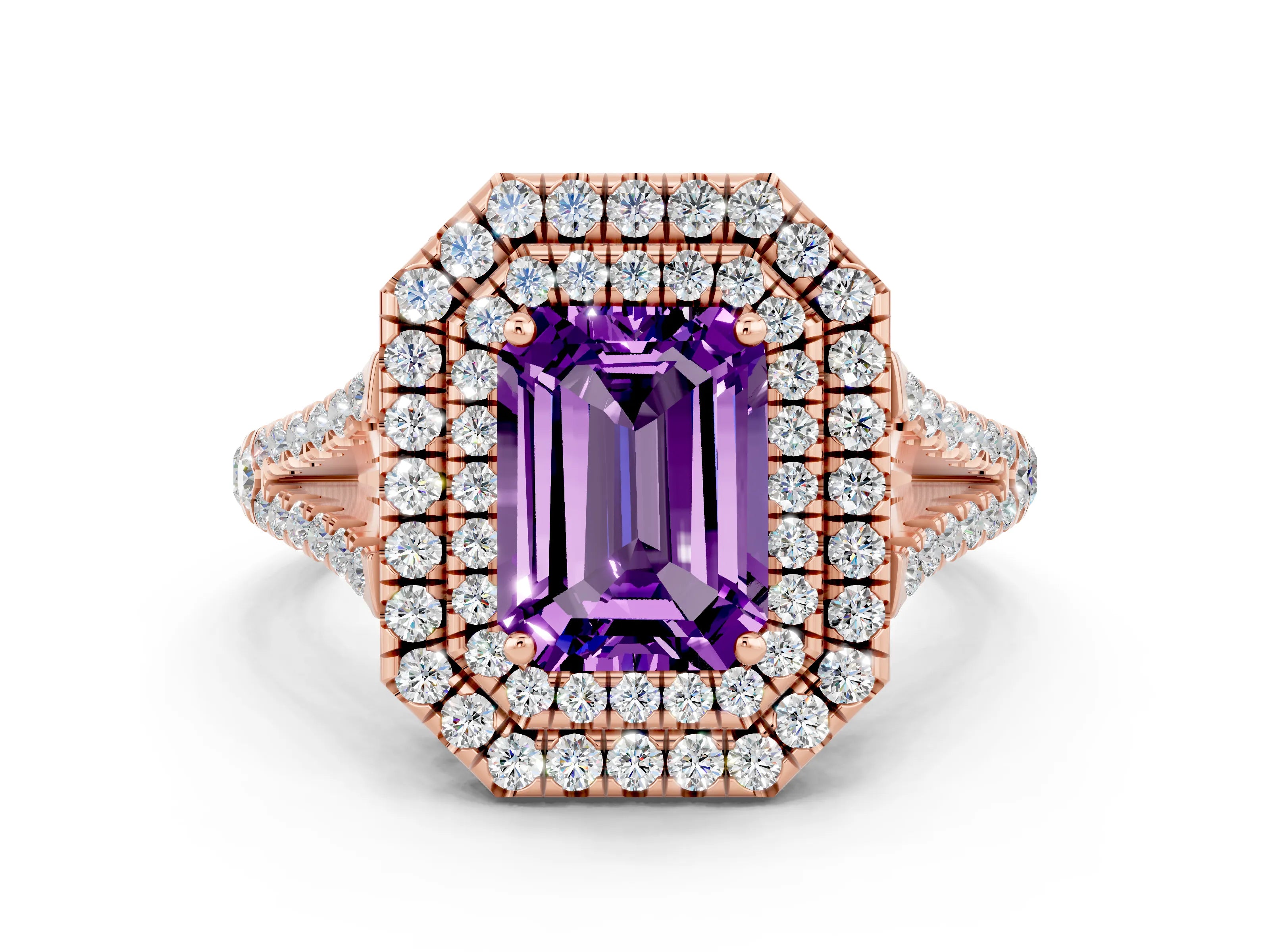 Rose gold Emerald Cut Amethyst Double Halo Ring with Pavé Band and Prong Setting_12