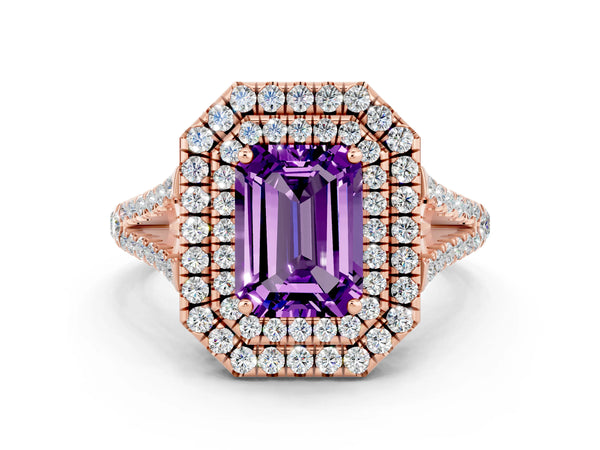 Rose gold Emerald Cut Amethyst Double Halo Ring with Pavé Band and Prong Setting