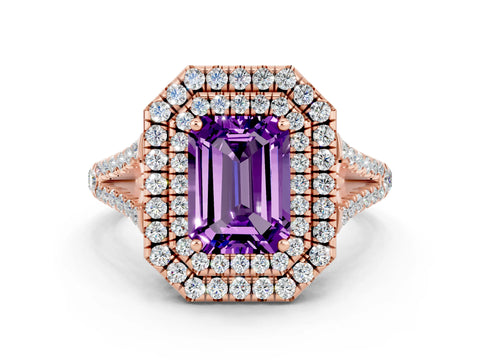 Rose gold Emerald Cut Amethyst Double Halo Ring with Pavé Band and Prong Setting_12