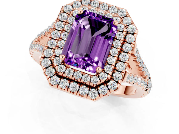 Rose gold Emerald Cut Amethyst Double Halo Ring with Pavé Band and Prong Setting