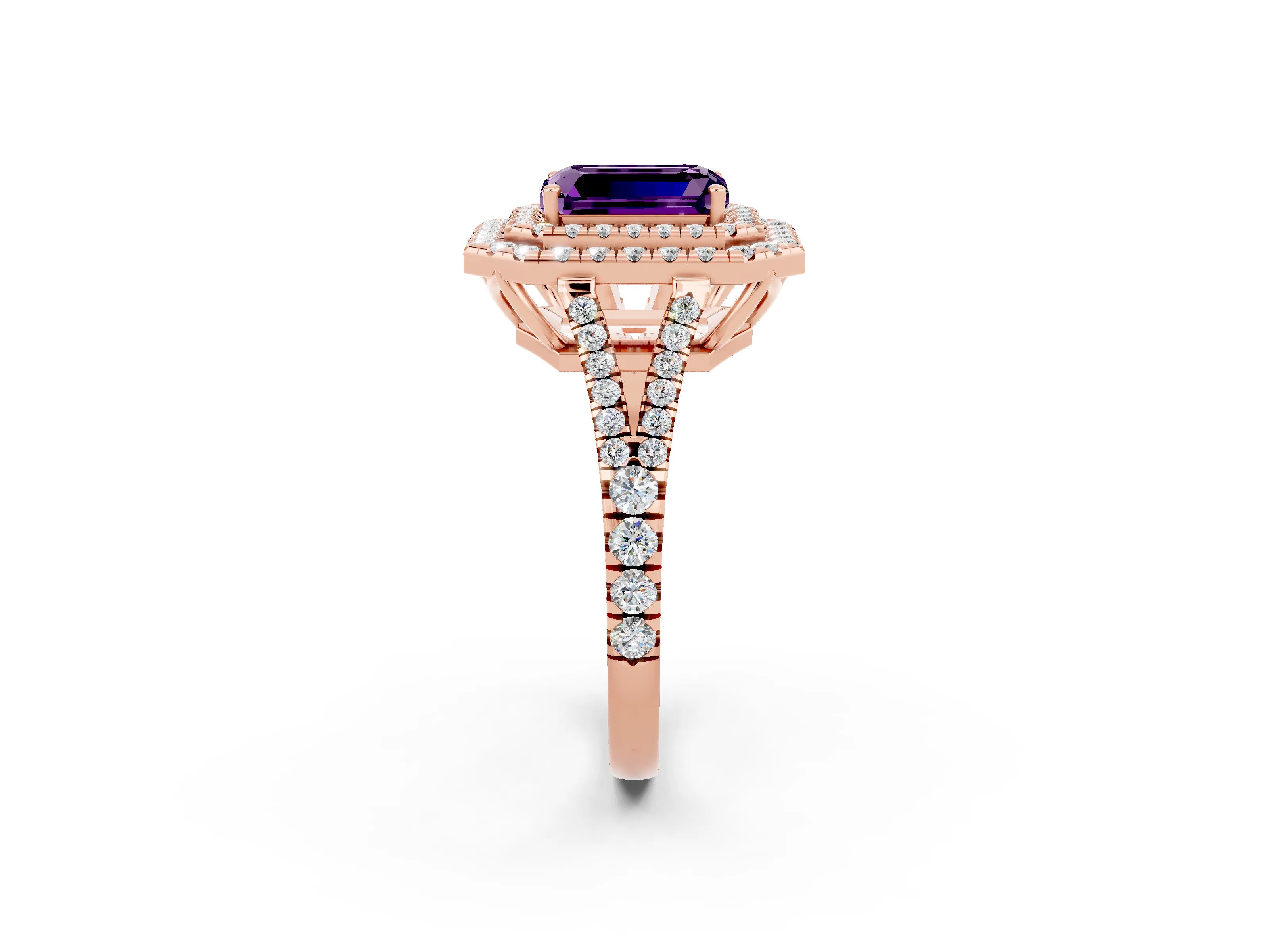 Rose gold Emerald Cut Amethyst Double Halo Ring with Pavé Band and Prong Setting_14