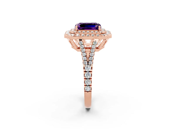 Rose gold Emerald Cut Amethyst Double Halo Ring with Pavé Band and Prong Setting