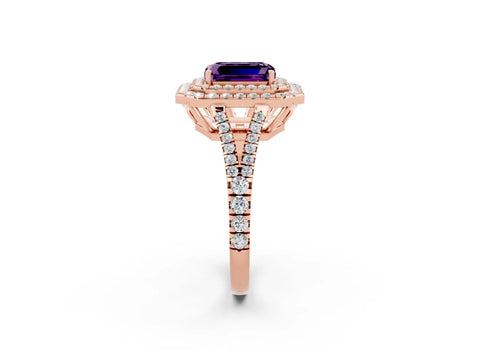 Rose gold Emerald Cut Amethyst Double Halo Ring with Pavé Band and Prong Setting_14