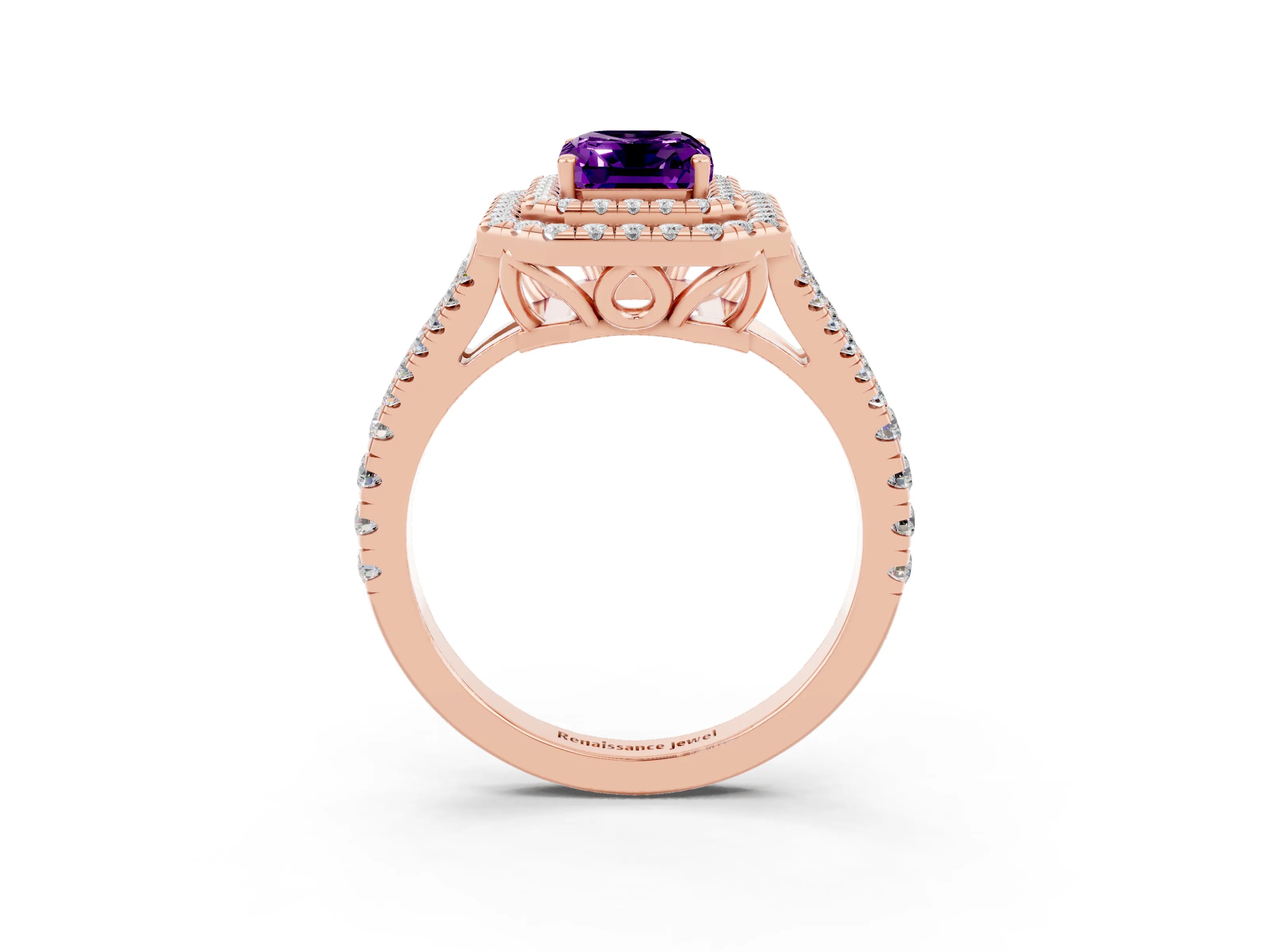 Rose gold Emerald Cut Amethyst Double Halo Ring with Pavé Band and Prong Setting_15