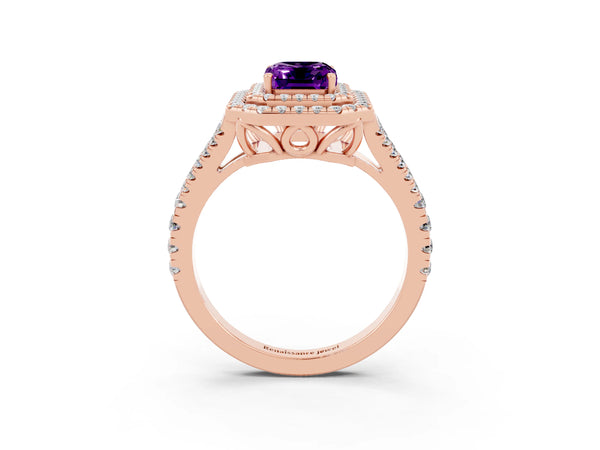 Rose gold Emerald Cut Amethyst Double Halo Ring with Pavé Band and Prong Setting