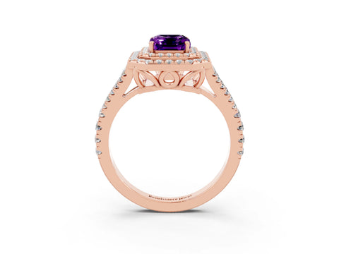 Rose gold Emerald Cut Amethyst Double Halo Ring with Pavé Band and Prong Setting_15