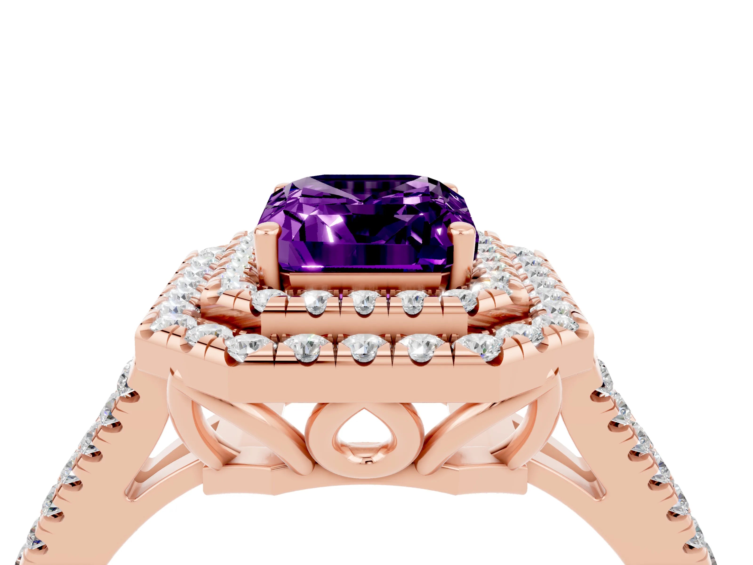 Rose gold Emerald Cut Amethyst Double Halo Ring with Pavé Band and Prong Setting_16