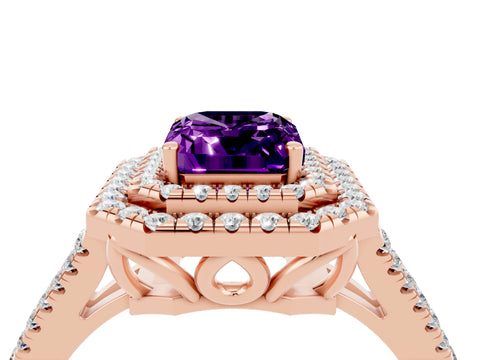 Rose gold Emerald Cut Amethyst Double Halo Ring with Pavé Band and Prong Setting_16