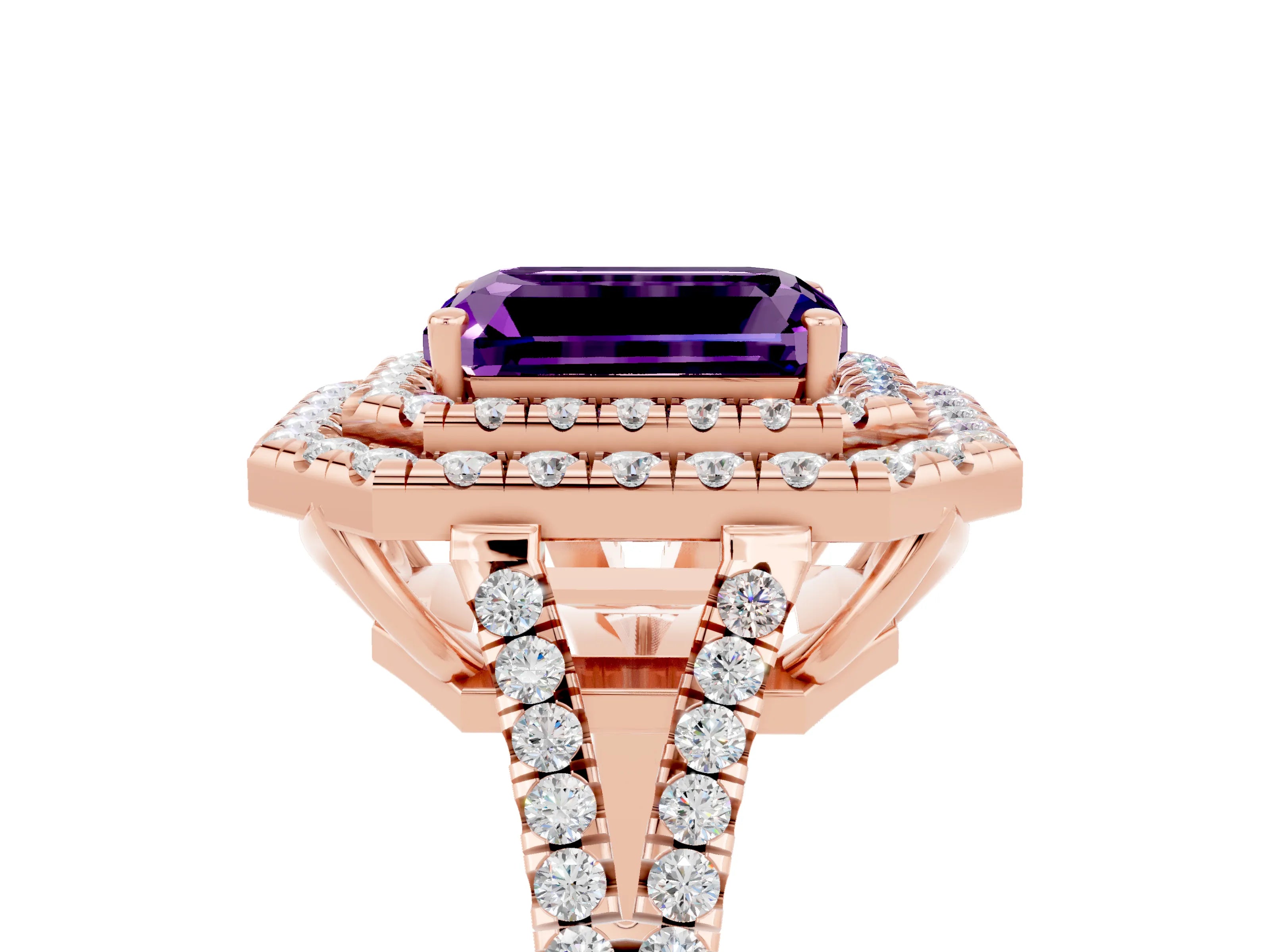 Rose gold Emerald Cut Amethyst Double Halo Ring with Pavé Band and Prong Setting_17