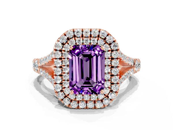Rose gold Emerald Cut Amethyst Double Halo Ring with Split Shank and Prong Setting