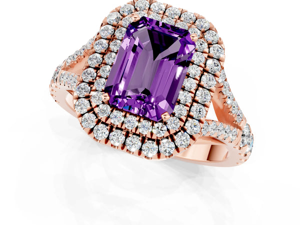 Rose gold Emerald Cut Amethyst Double Halo Ring with Split Shank and Prong Setting