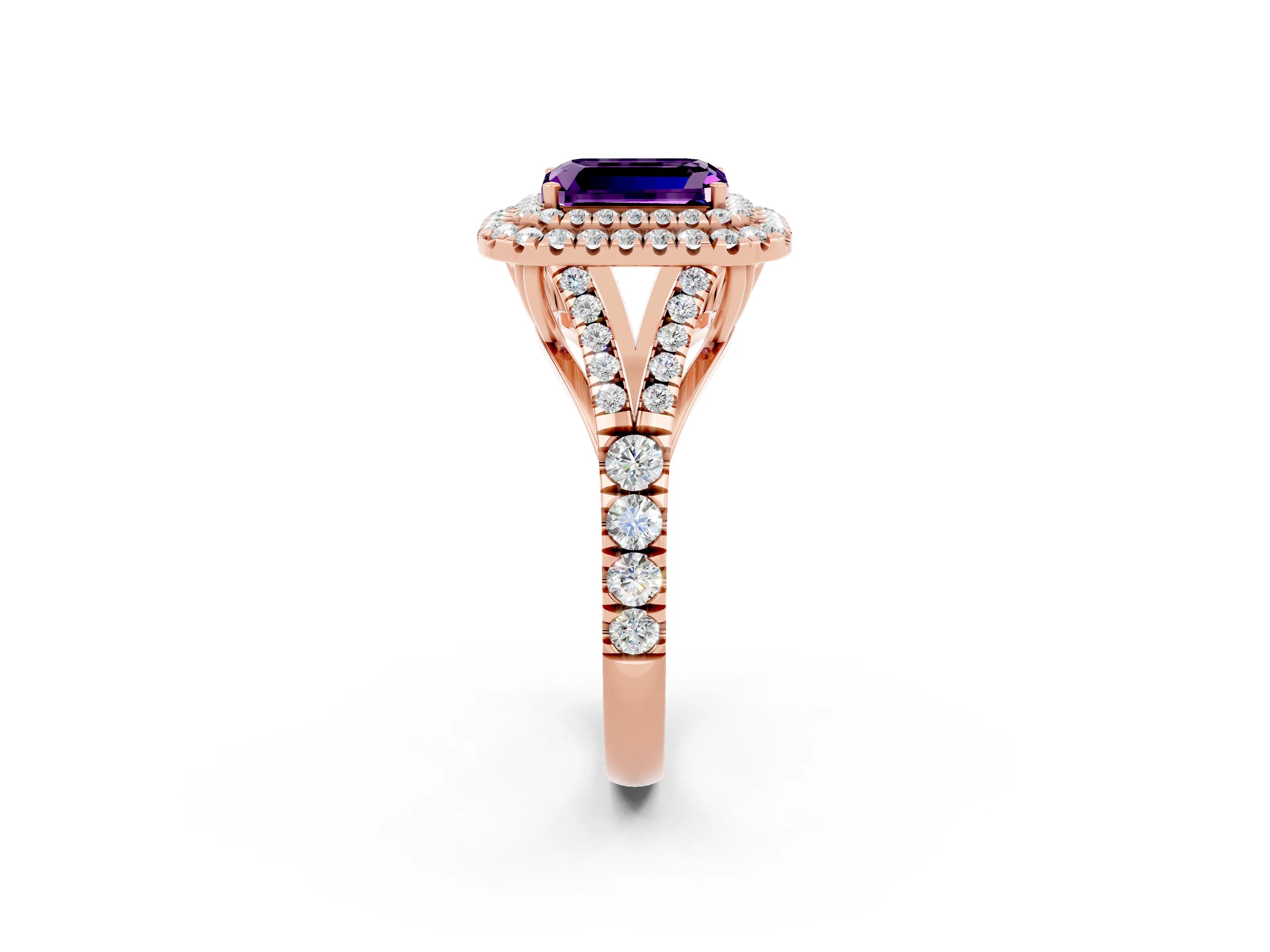 Rose gold Emerald Cut Amethyst Double Halo Ring with Split Shank and Prong Setting_14