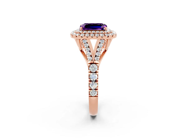 Rose gold Emerald Cut Amethyst Double Halo Ring with Split Shank and Prong Setting