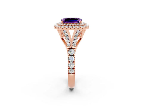 Rose gold Emerald Cut Amethyst Double Halo Ring with Split Shank and Prong Setting_14