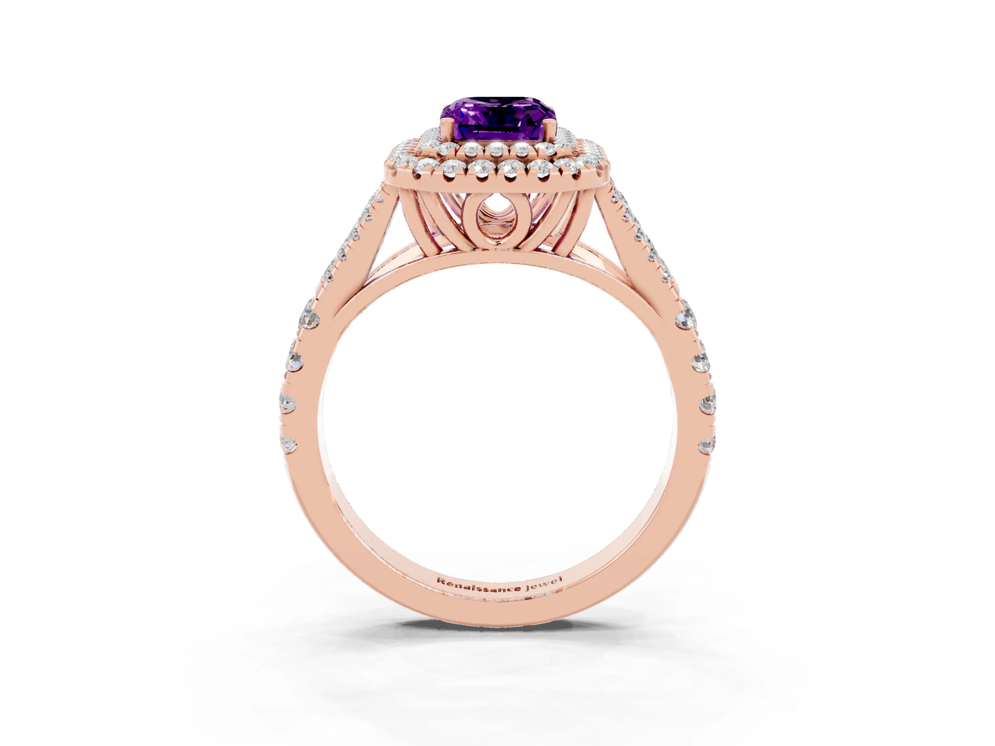 Rose gold Emerald Cut Amethyst Double Halo Ring with Split Shank and Prong Setting_15