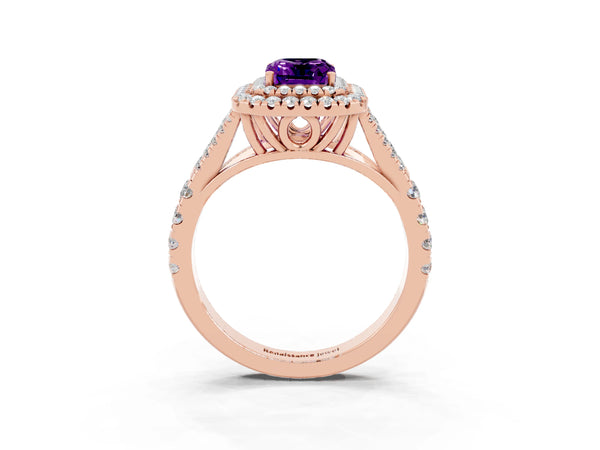 Rose gold Emerald Cut Amethyst Double Halo Ring with Split Shank and Prong Setting
