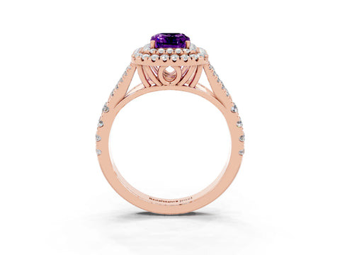 Rose gold Emerald Cut Amethyst Double Halo Ring with Split Shank and Prong Setting_15