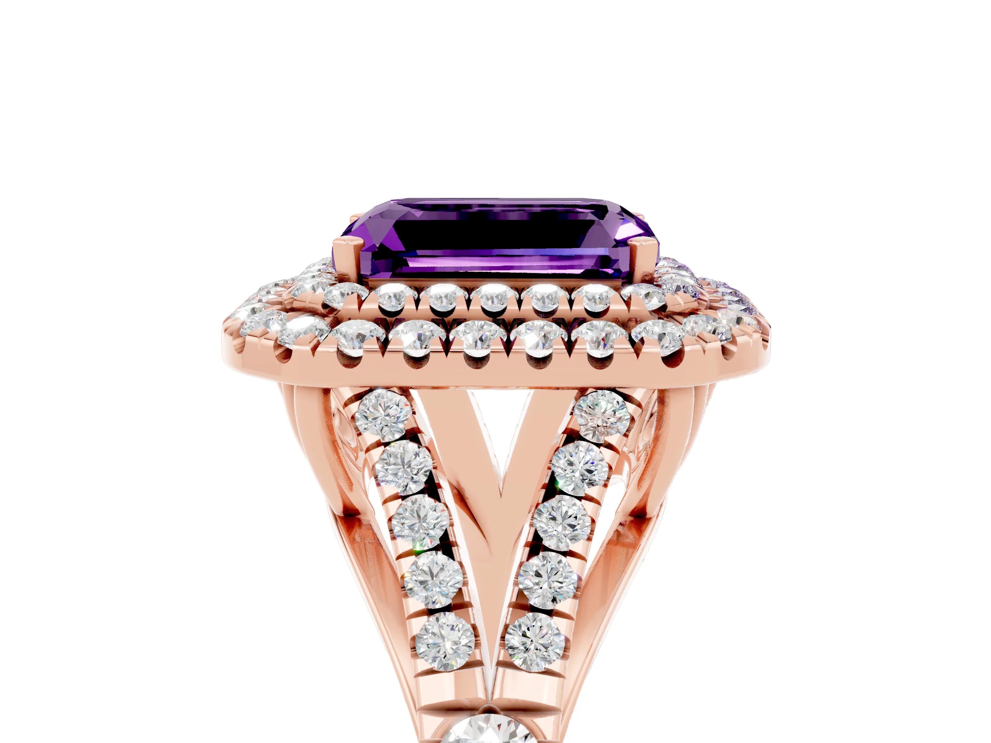Rose gold Emerald Cut Amethyst Double Halo Ring with Split Shank and Prong Setting_17