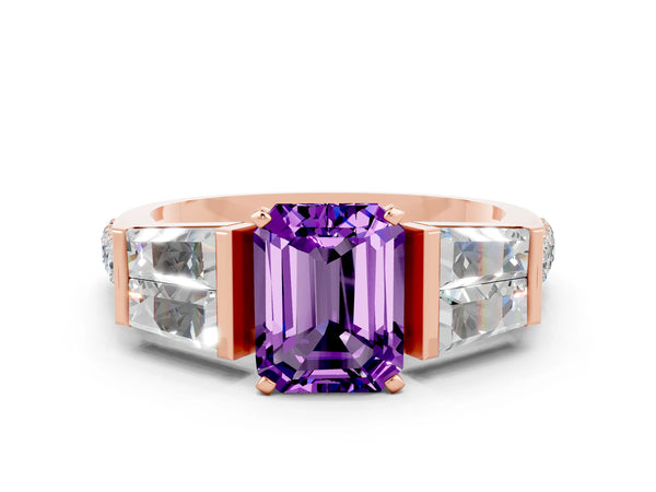 Rose gold Emerald Cut Amethyst Engagement Ring with Baguette Side Stones and Channel Set Band