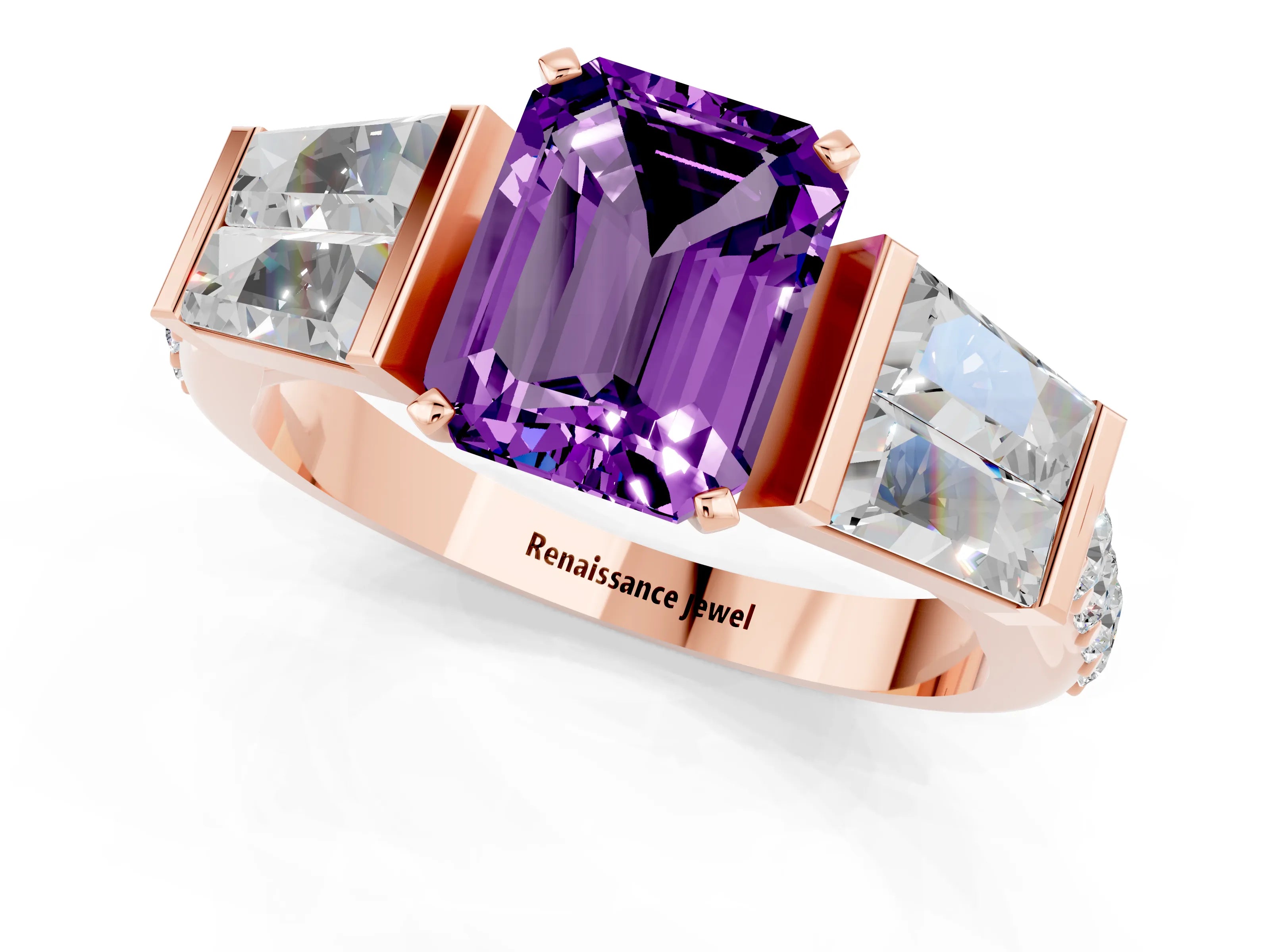 Rose gold Emerald Cut Amethyst Engagement Ring with Baguette Side Stones and Channel Set Band_1
