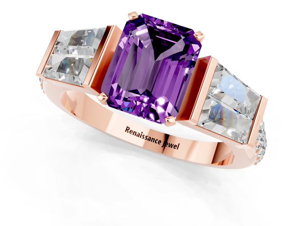 Rose gold Emerald Cut Amethyst Engagement Ring with Baguette Side Stones and Channel Set Band