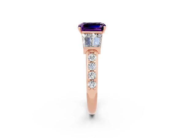Rose gold Emerald Cut Amethyst Engagement Ring with Baguette Side Stones and Channel Set Band
